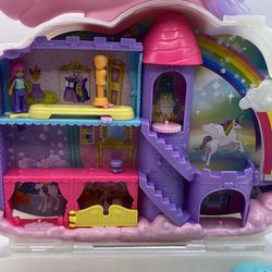 2022 Polly Pocket Rainbow Unicorn Compact Salon Purse Castle 1 Figures 10”
