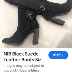 Black Suede Leather Boots Size 8 Two Lips Solo Womens Knee High Heel Buckle