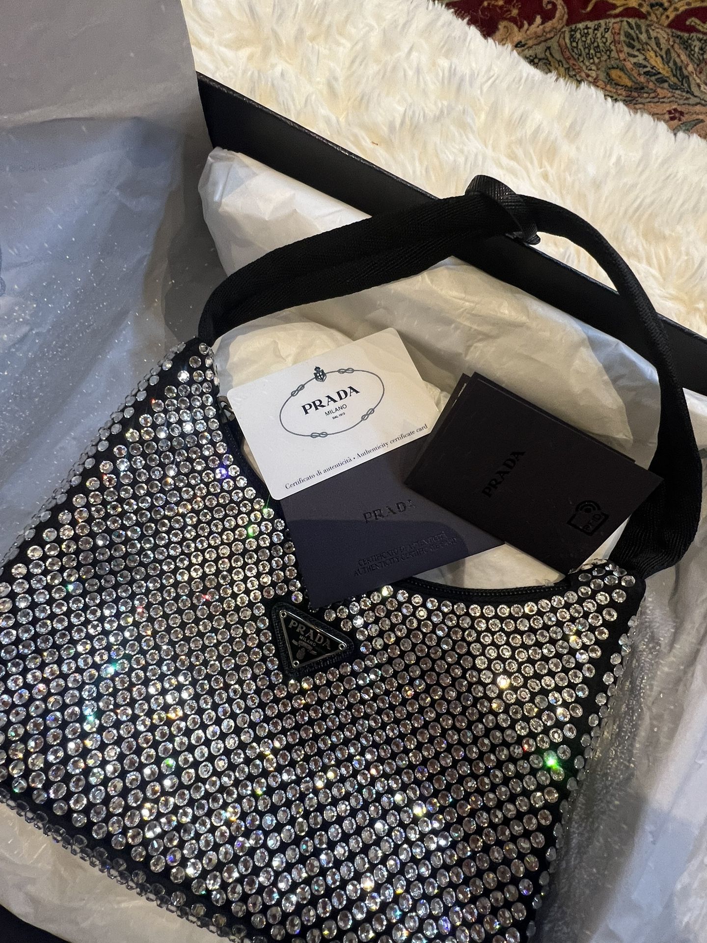 Authentic Prada Black Satin Crystal Re-Edition 2000 Mini Bag