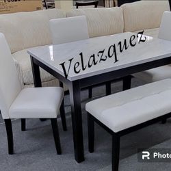 ✅️✅️5 pc dark finish wood white faux marble top rectangular dining table set with bench✅️