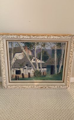 Antique oil painting house with trees