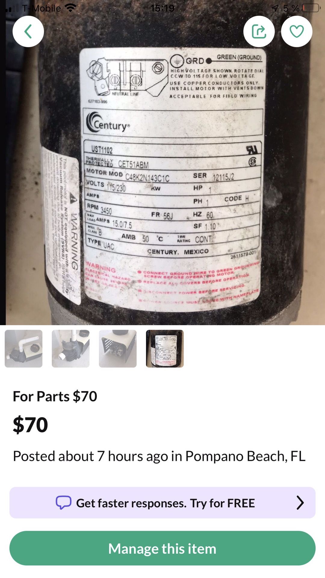 .. Pool Pump For Parts $70 Deerfield