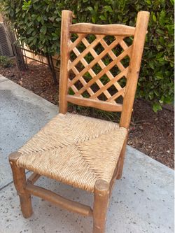 Vintage Rustic Lattice Back Wood Chair with Rush Seat