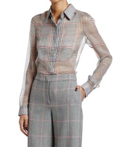 NWT Giorgio Armani Plaid Chiffon Button Front Classic Blouse