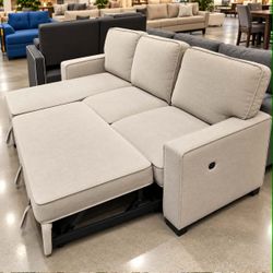 86.5"W Beige Fabric Reversible Sleeper Sectional with Storage Chaise Drop-Down Table 2 Cup Holders and 2USB Ports