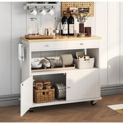 Storage Cabinet, 35.4'' Width Kitchen Cart, 2 Drawers Island Table, Portable Mobile Kitchen Island with Towel Rack, Wood Top and Lockable Wheels, Whit