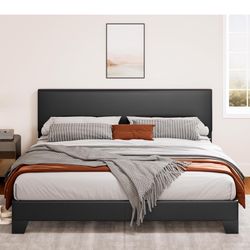 Black King Platform Upholstered Bed Frame with Faux Leather Adjustable Headboard,Wood Slats Support, No Box Spring Needed, Easy Assembly, Easy Clean U
