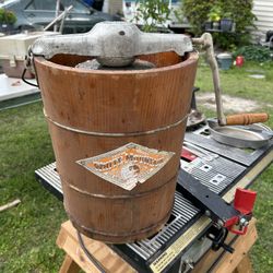 antique white Mountain wood crank ice cream maker 