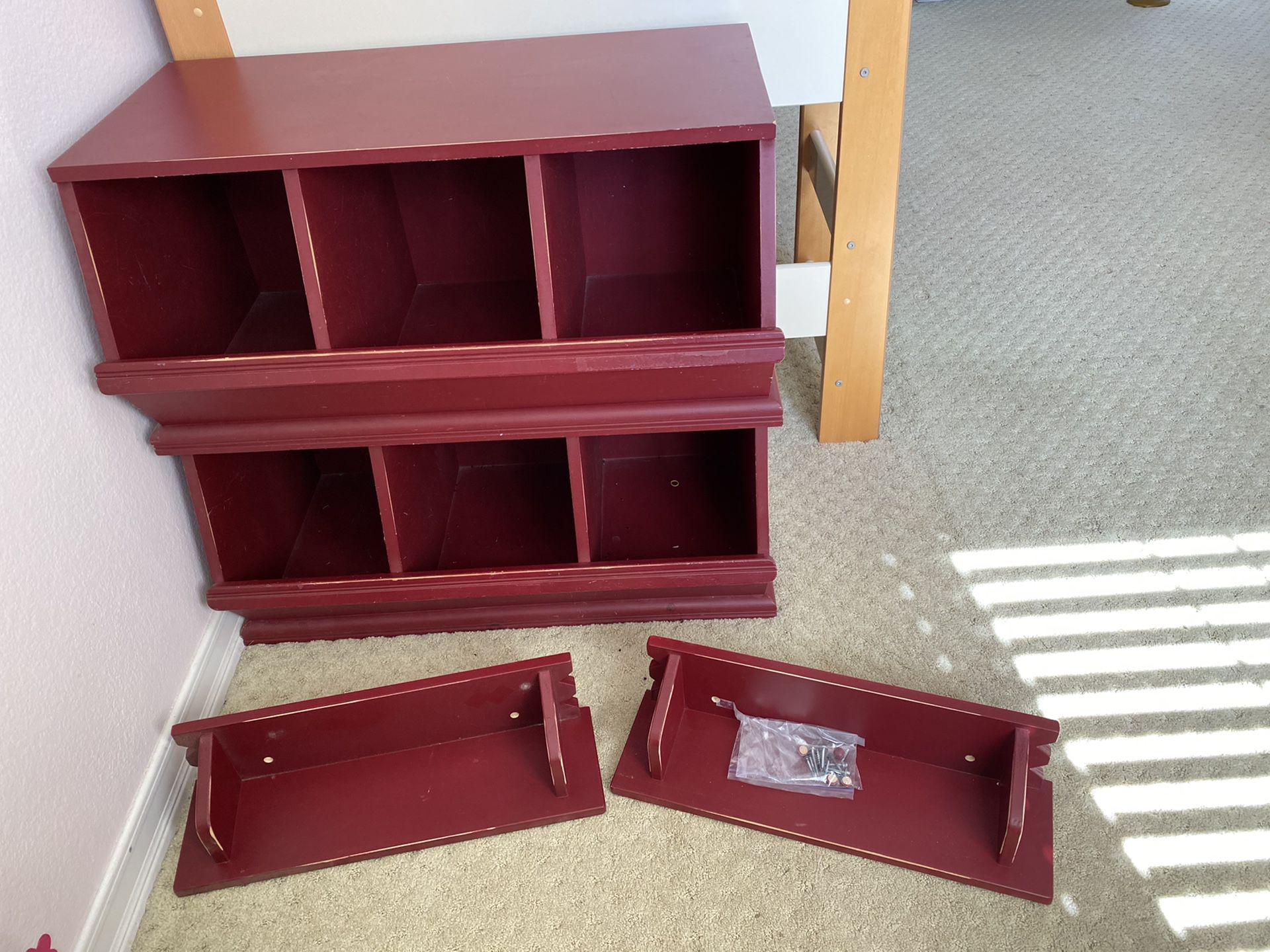 Red Pottery Barn Toy Storage Bins and Wall Shelves