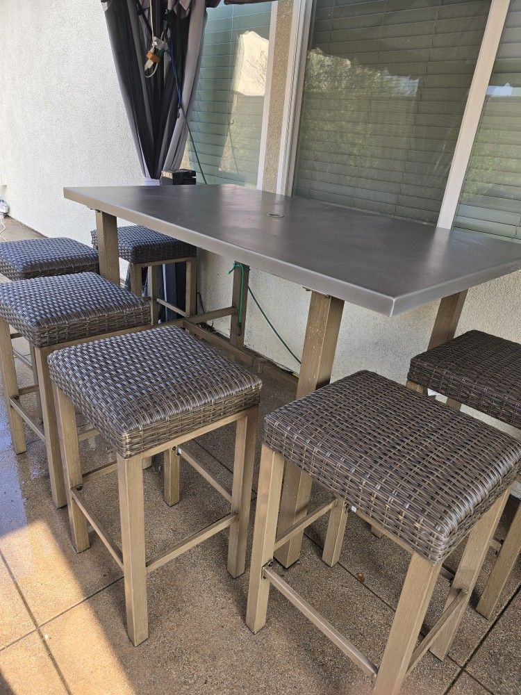 7-Piece Barstool Patio Dining set  with Compact Fire Pit/outdoor Side Table