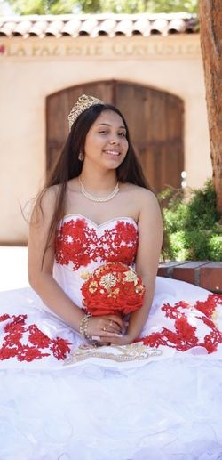 Quinceanera dress gold Red bling bling