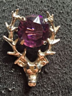 Silver Stag Head Brooch with Purple Crystal