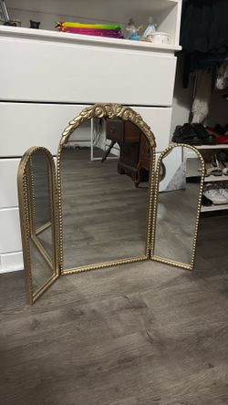 Vintage Style Gold Tri-Fold Mirror