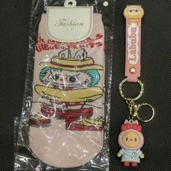 Pink Set 1 pair of socks with keychain Labubu