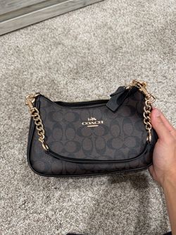 Coach Teri Shoulder Bag in Signature Canvas Brown Black Gold Trim