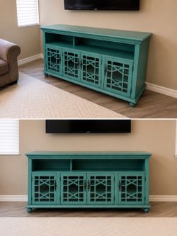 Teal Wood TV Console with Cabinet Doors