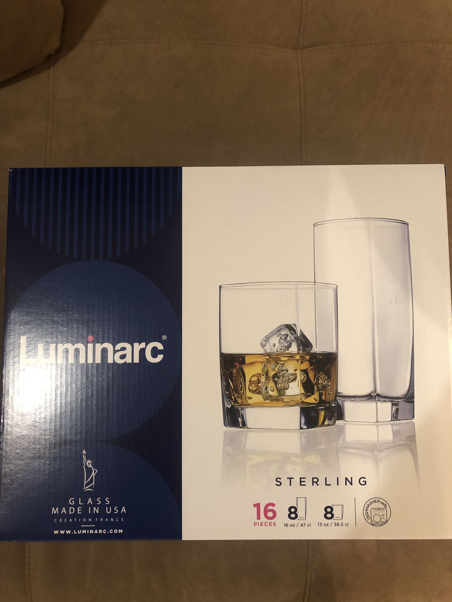 LUMINARC STERLING 16 PIECE GLASSWARE SET 8 16 OUNCE TALL GLASSES 8 13 OZ ROCKS GLASSES TUMBLERS BRAND NEW NEVER OPENED IN ORIGINAL BOX PACKAGING MADE