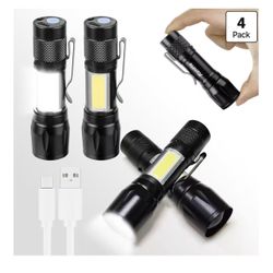 4 Pack Rechargeable Flashlights Zoomable mini Small Bright Clip-On Light EDC Flash Light with Side COB Light for Camping Home Emergency
