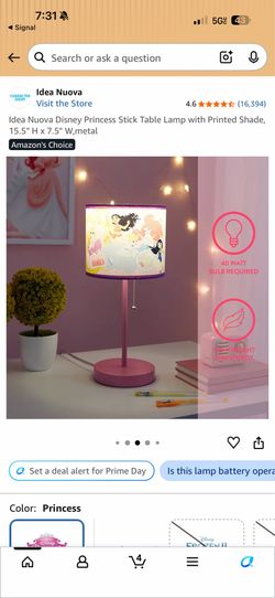 Idea Nuova Disney Princess Stick Table Lamp with Printed Shade, 15.5" H x 7.5" W,metal