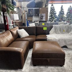Brown Leather-Look Sectional Couch with Ottoman