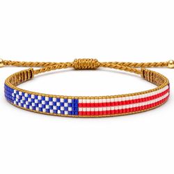 Miyuki Beaded Bracelet — Bohemian Style, Woven, Adjustable — American Flag Design