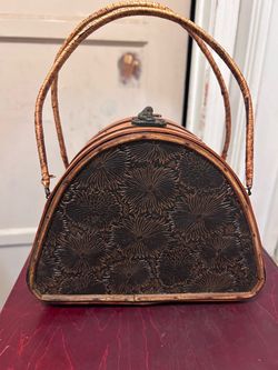 VINTAGE 1960s Wooden Bamboo Half Dome Chrysanthemum Blossom Box Purse - Embossed Floral Motif