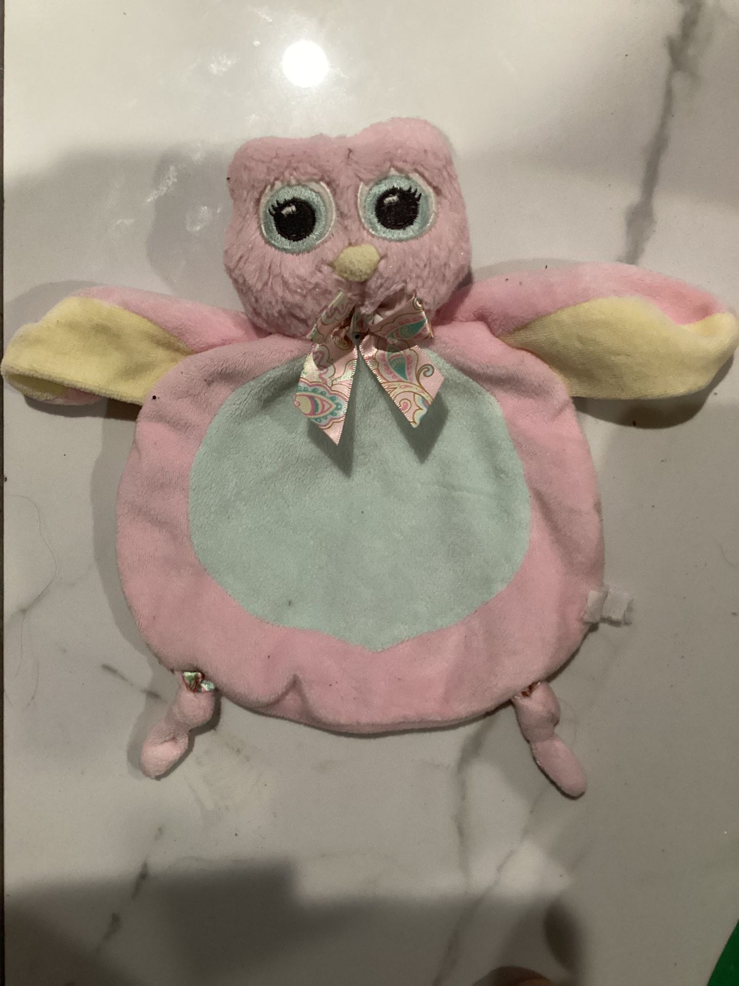 Bearington Wee Lil' Hoots Baby Pink Owl Lovey Yellow Round Knotted Plush 10”