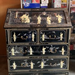 Antique Chinese Black Lacquer Secretary Desk / Hutch