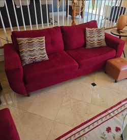 Complete Living Room Set: Red Sofa, red love seat, & 2 Patterned Reclining Chairs