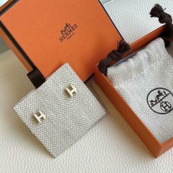 Hermes Rose Gold and White Enamel Pop H Mini Earrings. 