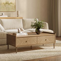 Nari Japandi Wood Coffee Table 2 Drawers and Open Storage, 47"W ，IF2635