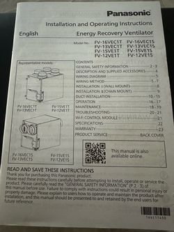 Panasonic ERV Energy Recovery Ventilator FV-16VEC1S