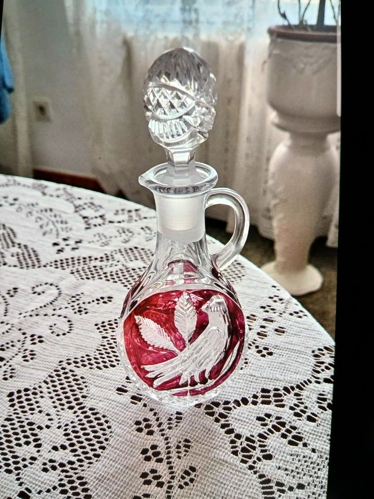 Vintage 80s Hofbauer Crystal Decanter/Vinegar or Oil/Byrdes Collection in Red