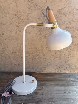 Modern Scandinavian White & Brass Desk Lamp w/ USB Charging Port & Wood Accent