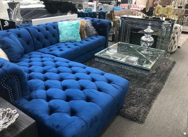 New Royal Blue Velvet RAF Sectional Couch & living room set & sofa for