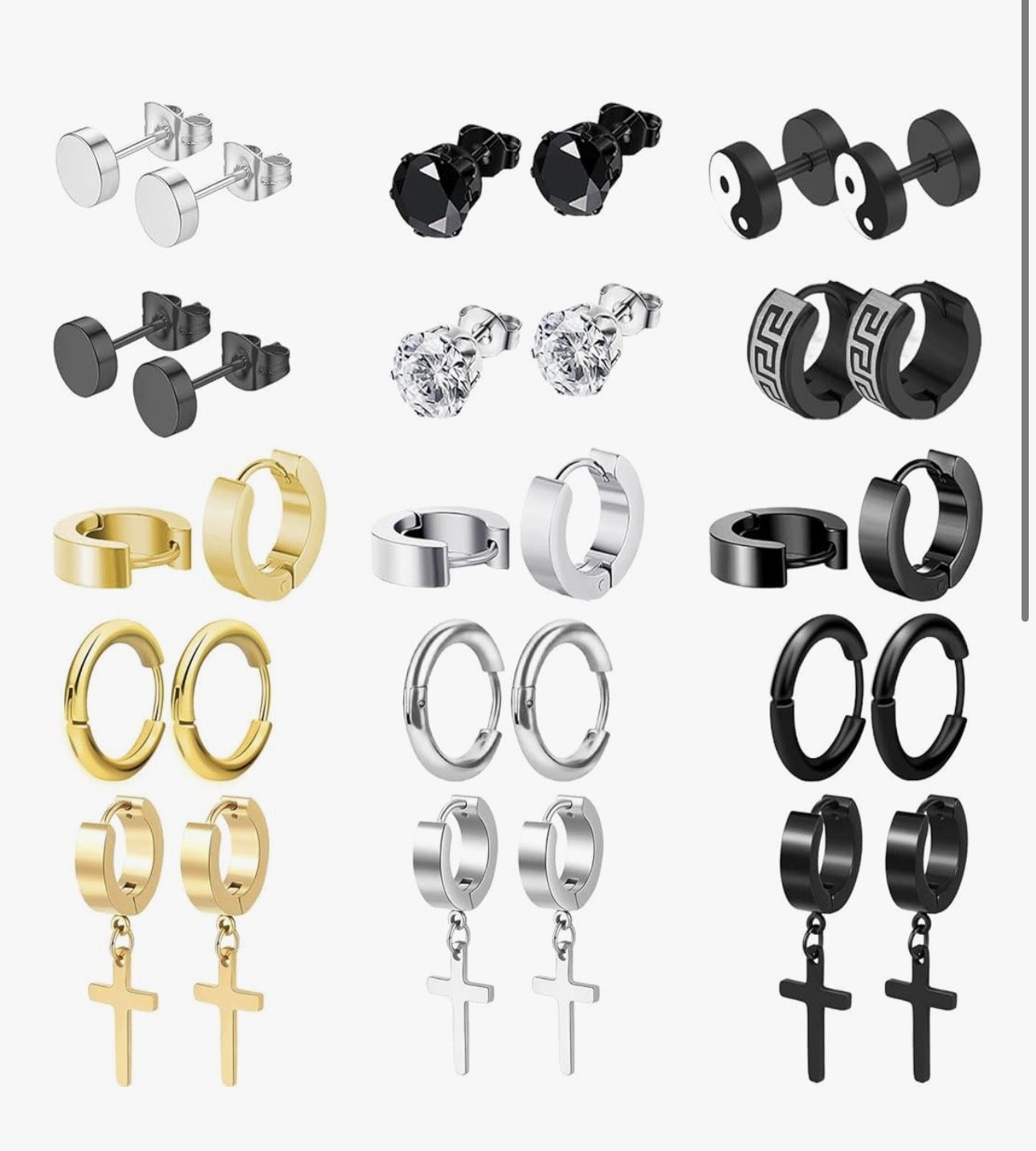 15 Pairs Earrings for Men, Black Silver 14K Gold Plated Stainless Steel Earrings Stud Hoop for Men Women, Fashion Ear Piercing Jewelry Cross Dangle Ho