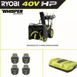 Ryobi 40V Snow Blower 24" Self Propelled 2 Stage 4 Batteries And Charger Include