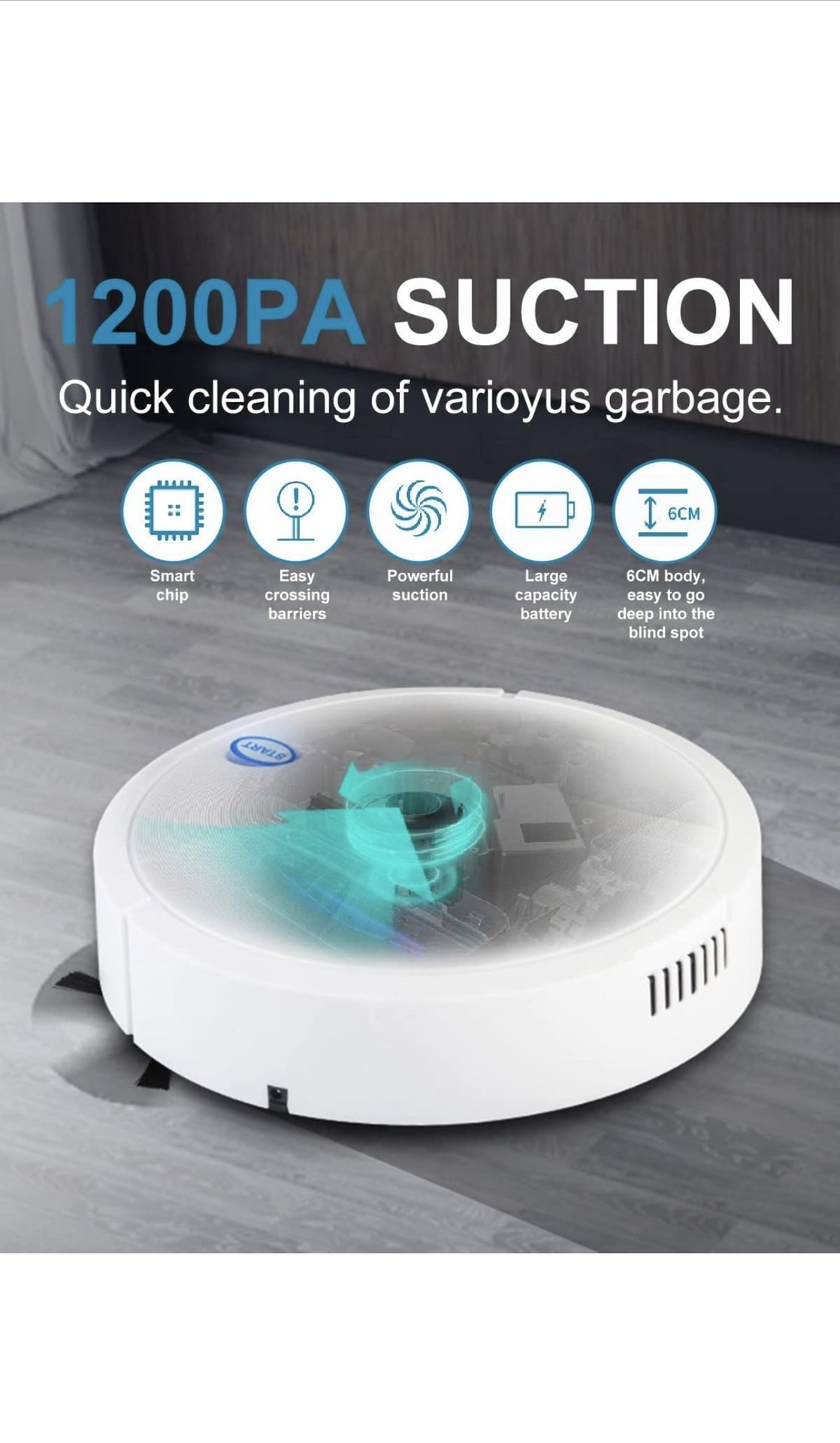 Robot Vacuum Cleaner, 2-in-1 Robot Vacuum and Mop,1200Pa High Suction,362° Intelligent Steering,No Wi-Fi Need,Ideal for Pet Hair, Hard Floor and Carpe