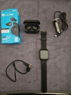 Wireless earbuds, car charger, & watch