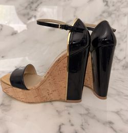 Stella McCartney Size 8 Dark Navy Patent Cork Platform Wedge Sandals Gold EU 38