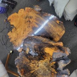 Vintage 1960 Live Edge Burl  Wood Epoxy Coffee Table  And End Table
