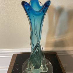 Vintage Murano Blue Glass Vase Handmade Swung Twisted 11”