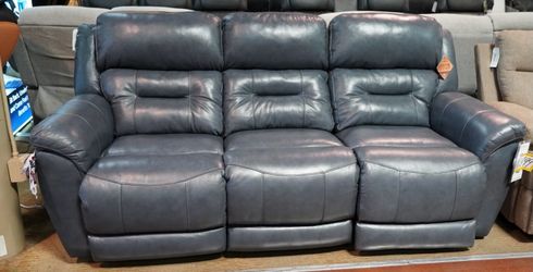 HomeStretch Shire Navy Blue Genuine Leather Power Reclining Sofa with Zero Gravity