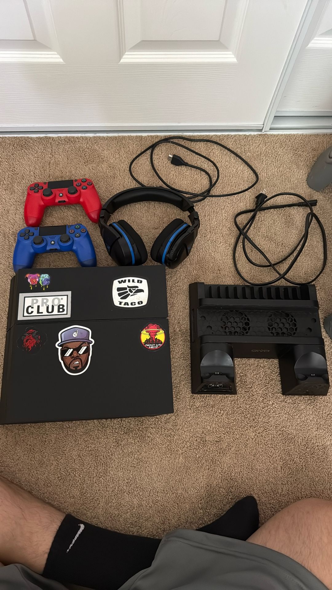 Ps4 with 2 controllers and turtle beach headset and charging and cooling station