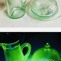 Rare 1916 Uranium Syrup Pitcher w/ Spring Lid & 1930s US Glass Green Covered Butter Dish