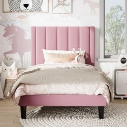 Twin Size Bed Frame, Upholstered Bed Frame with Velvet Vertical Channel Tufted Headboard, Pink