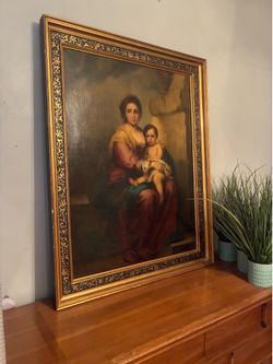Vintage Framed Madonna & Child Canvas Painting / Art Piece