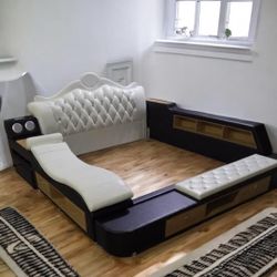 Upholstered Bed Frame with Massager and a lot of Storage - Size King