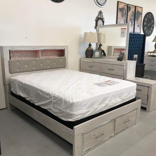 Queen Platform Bed with storage and bookcase 💥 dresser with mirror and nightstand 