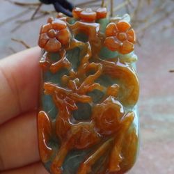 Certificate Jadeite good fortune Deer jade Myanmar Burmese Hand Carved red flower sika pendant  